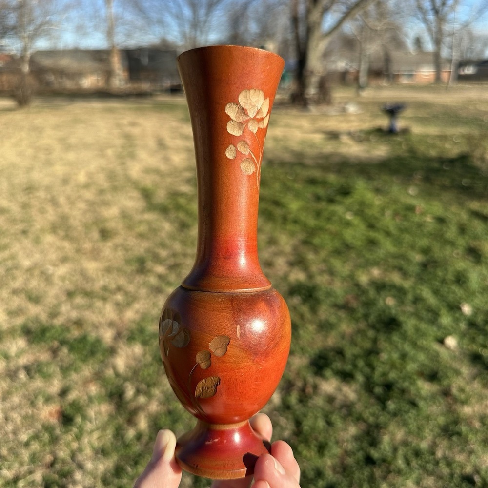 Vintage Hand Carved Painted Floral Red/brown Wooden Vase Mexico 7.5" Art Flowers